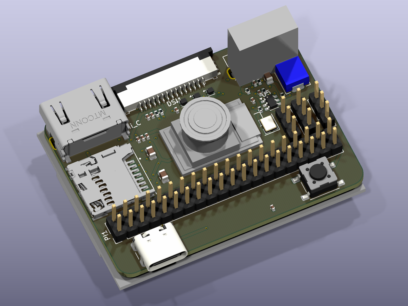 Rendered Raspberry Pi CM5 camera carrier PCB from the copper-pilot-cli example