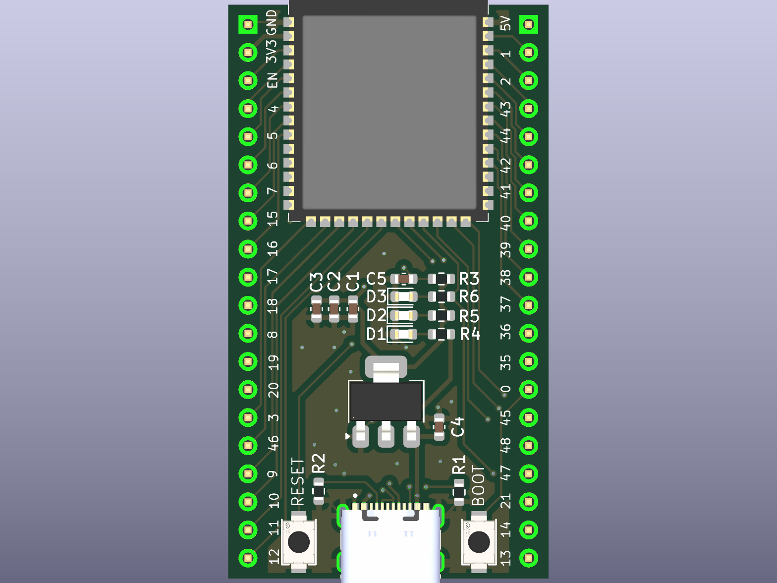 Rendered ESP32-MINI-1 PCB produced by the copper-pilot-cli example